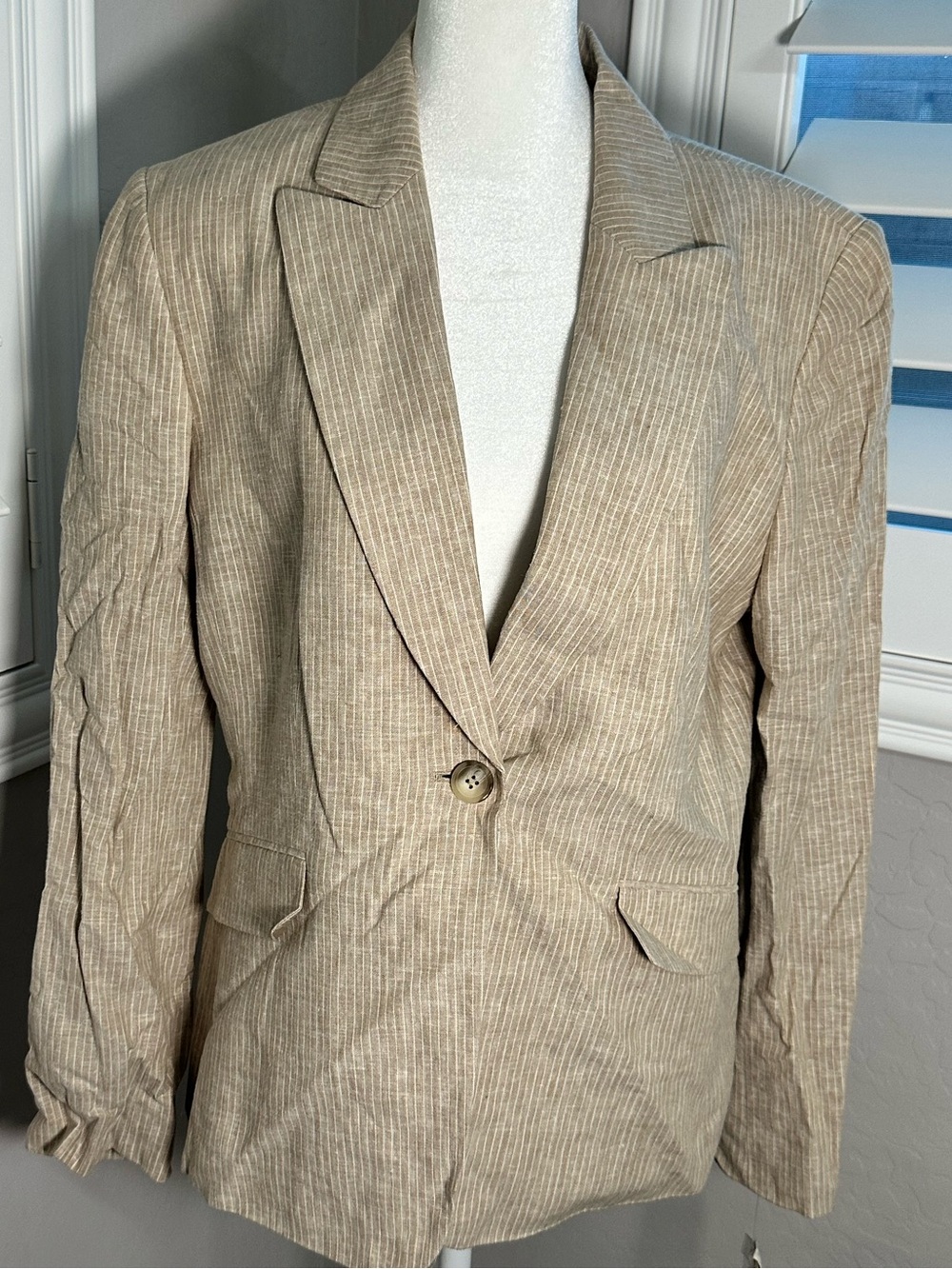 Women's Beige Pinstripe Single-Button Blazer